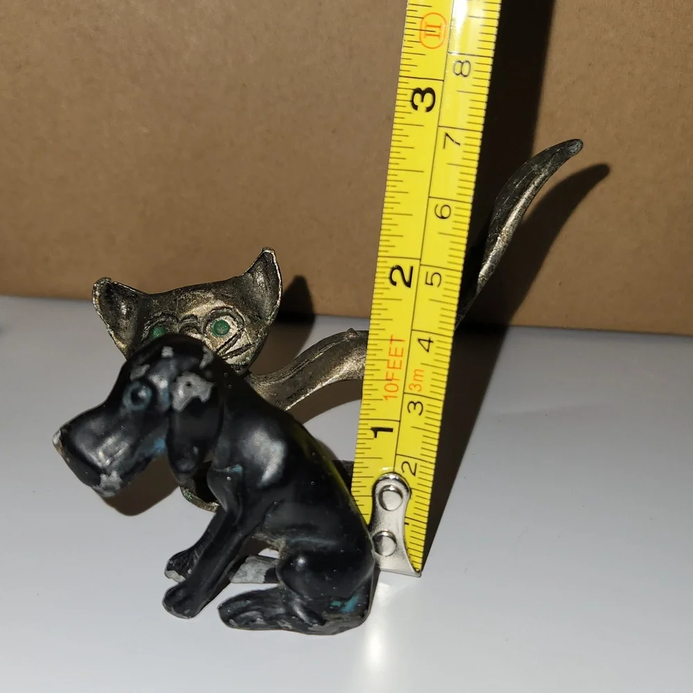 Vintage Patina Metal Dog Figurine & Cat Ring Holder Accent Decor Collectible